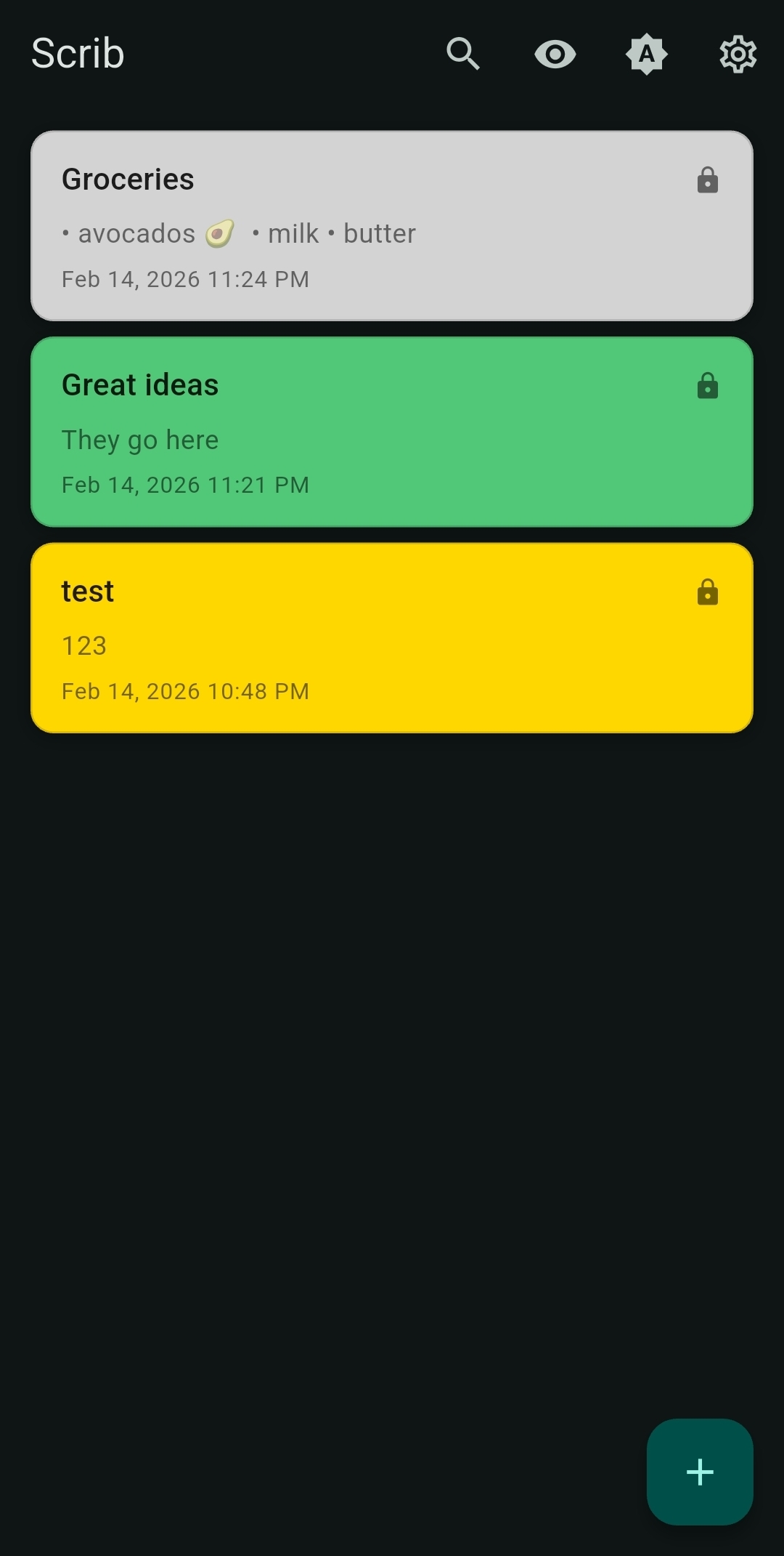Scrib Android app home screen showing color-coded notes with encryption lock icons in dark mode