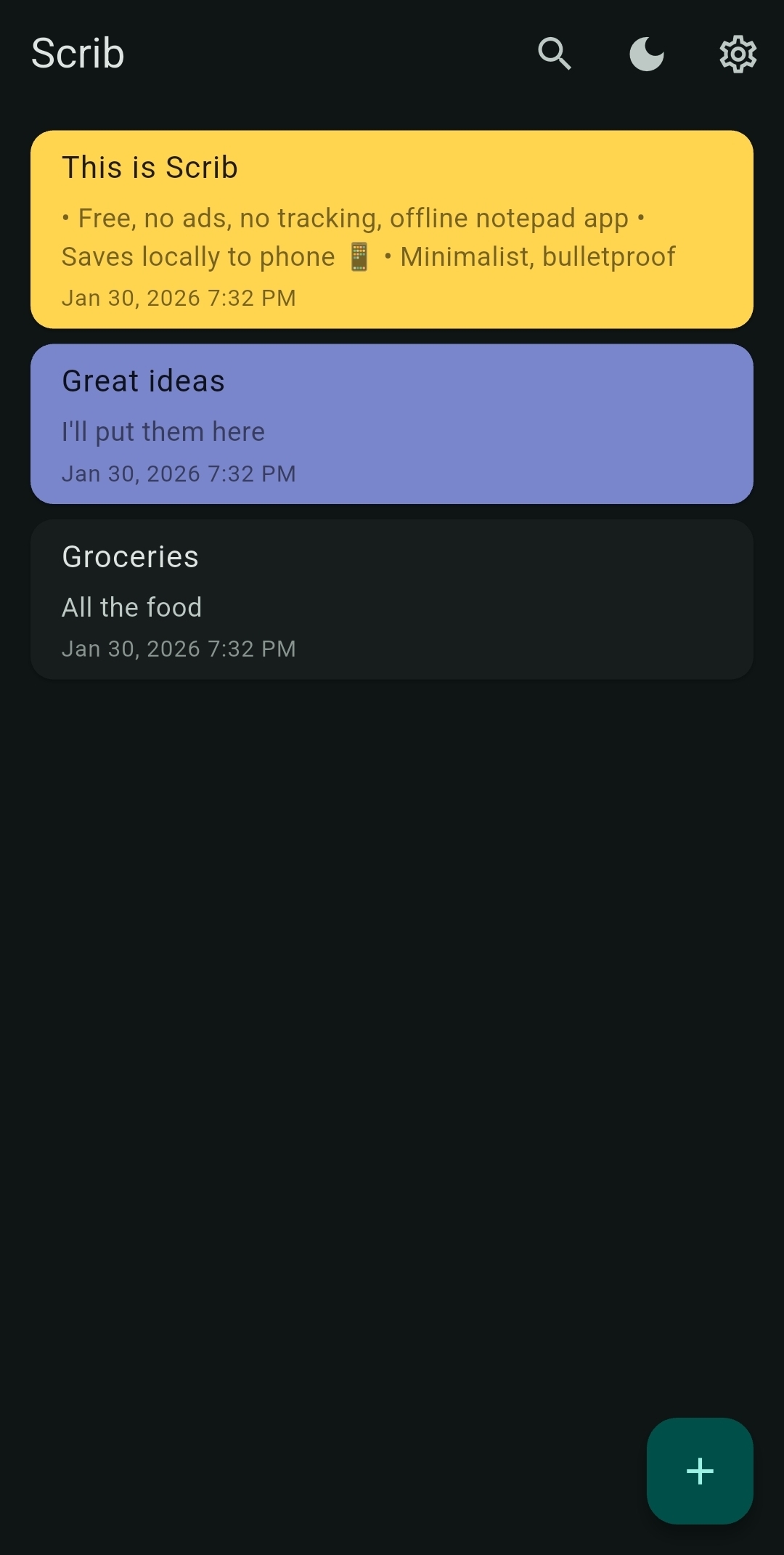 Scrib Android app dark mode notes list with color coding, offline storage, and privacy-first design