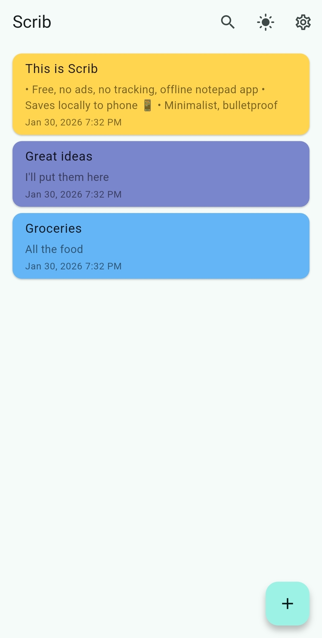 Scrib Android app light mode notes list with color-coded organization and secure local storage