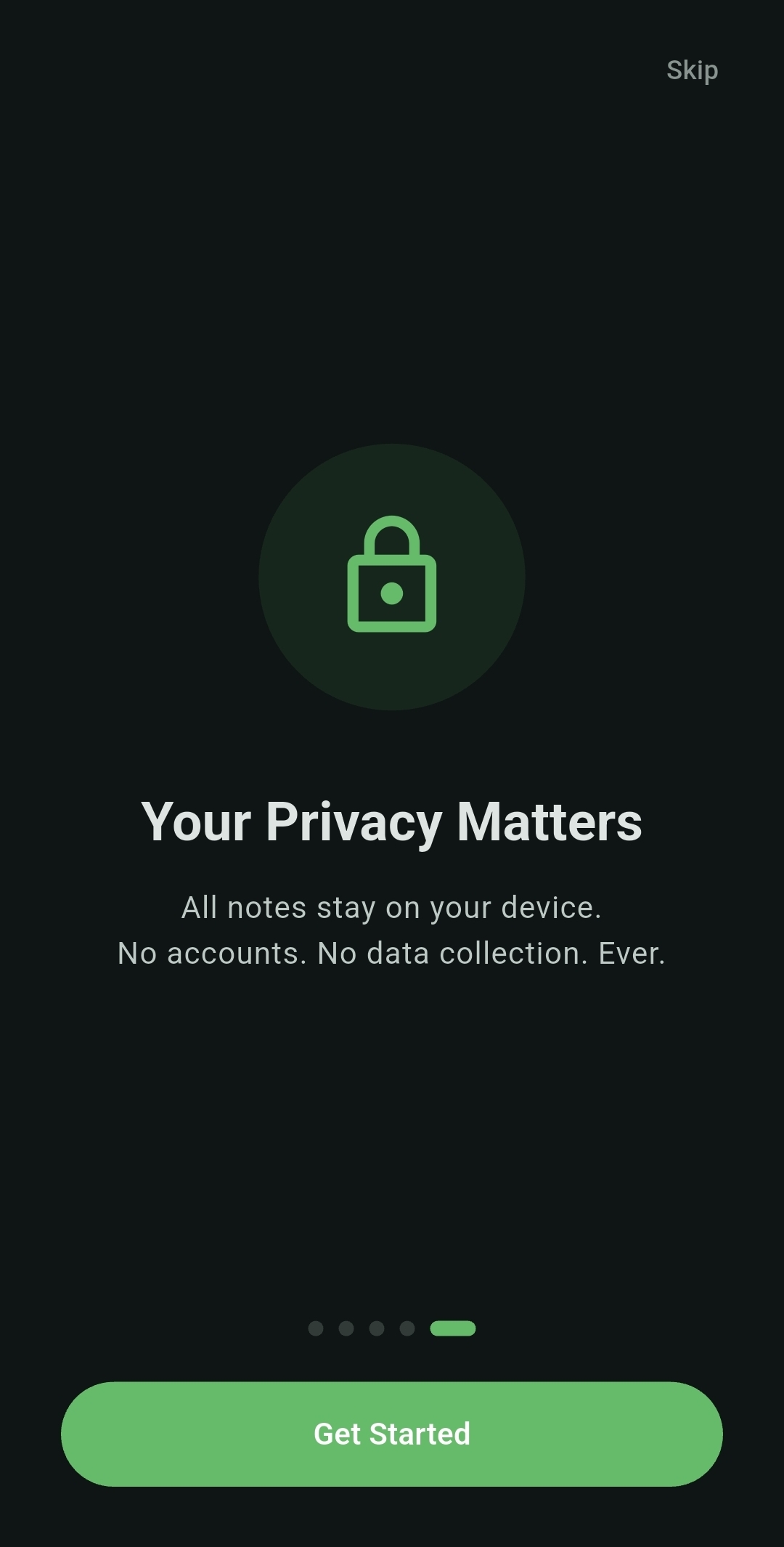 Scrib Android privacy screen: Zero data collection, no tracking, no account required for this offline notes app