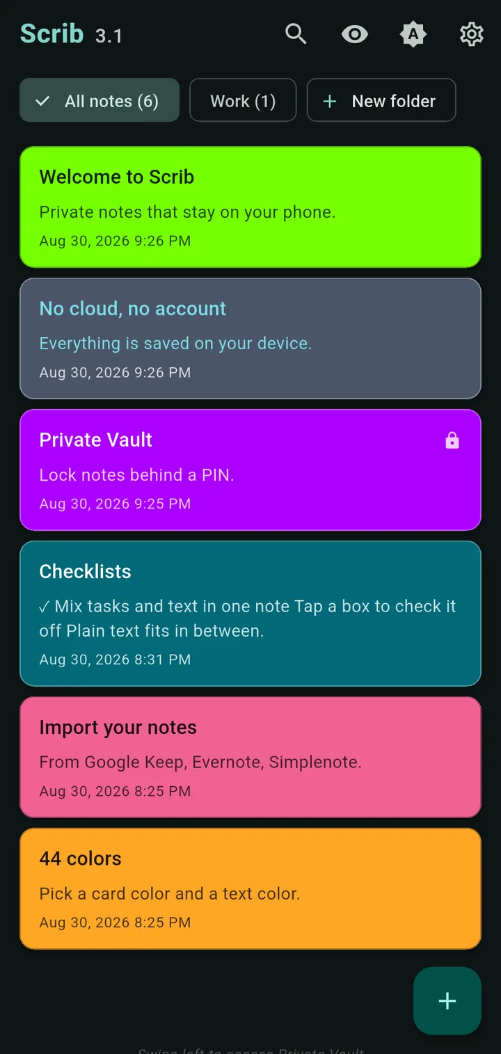Scrib home screen in dark mode: six notes in six colors including neon green and electric violet, cyan text color on a slate note, and a lock icon on an encrypted note