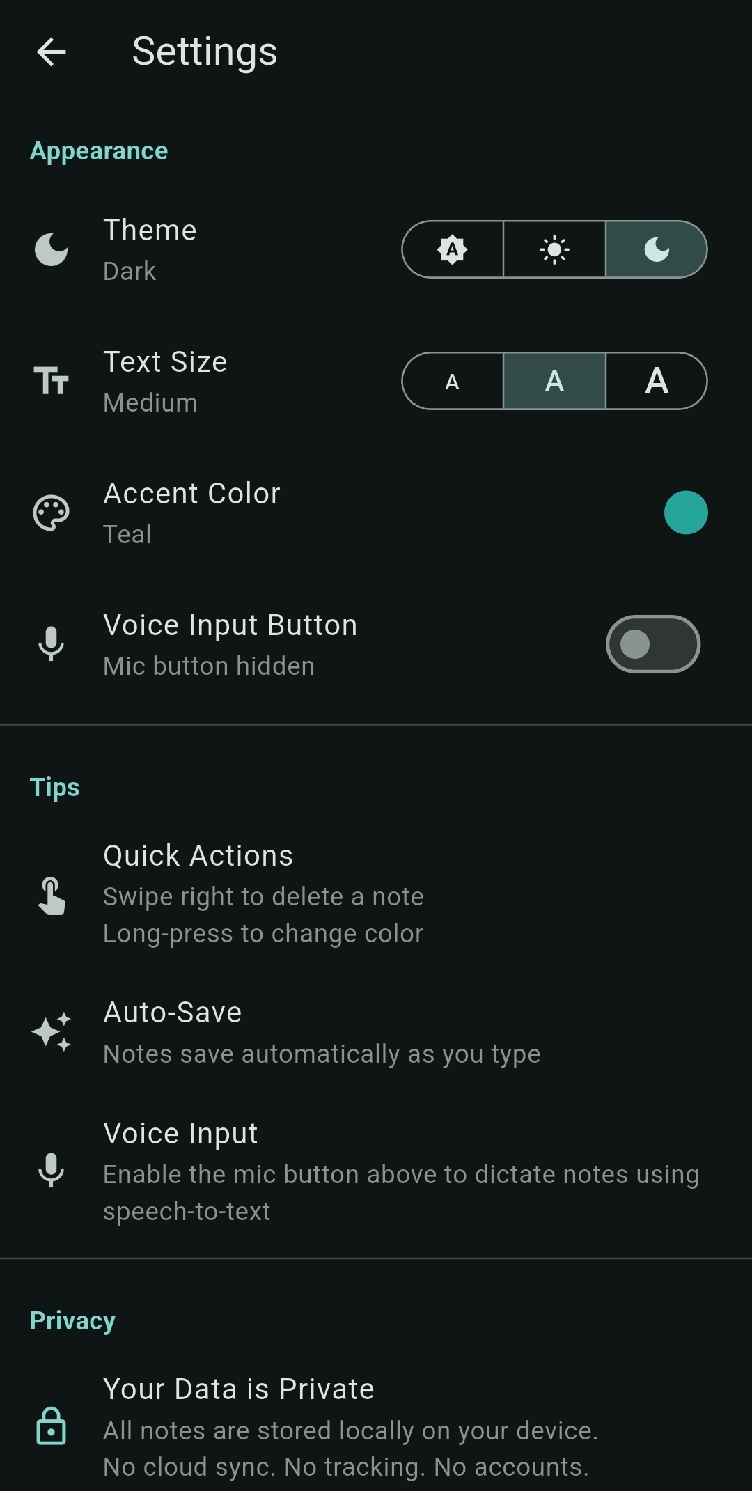 Scrib Android app settings: customize theme, text size, accent colors for accessible offline note-taking